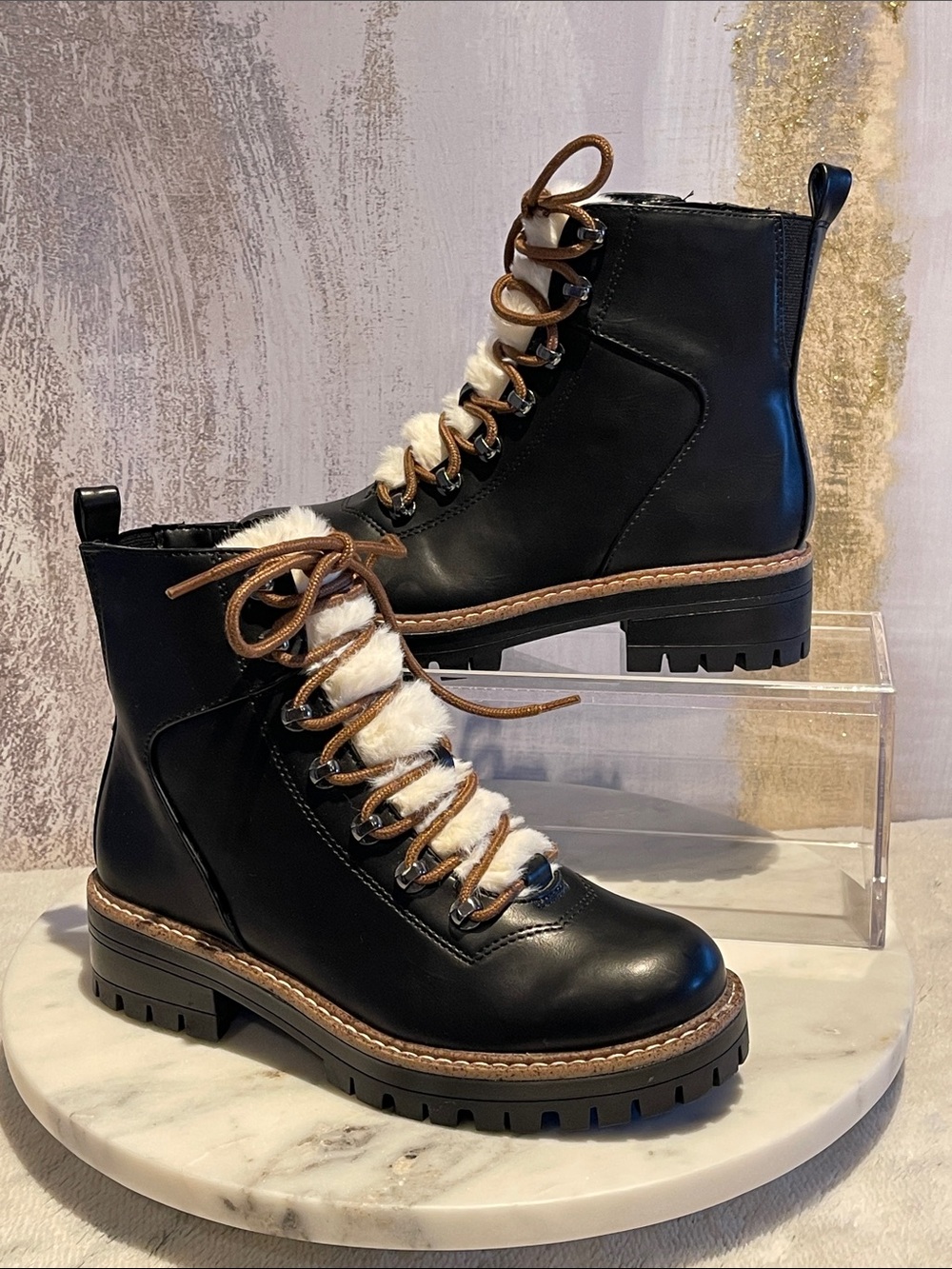 A New Day Women’s Leighton Black Boots Faux-Fur Lace-Up Combat Boots - 6